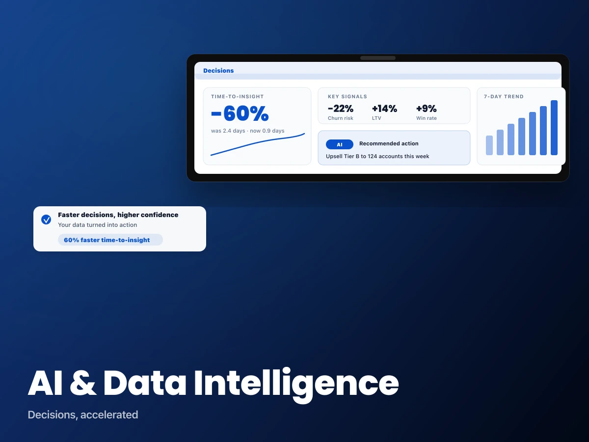 AI and Data Intelligence poster showing a decision dashboard and recommendation panel